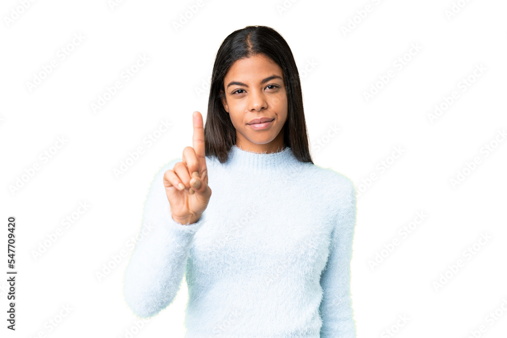 Young African American woman over isolated chroma key background counting one with serious expression Young African American woman over isolated chroma key background counting one with serious expression