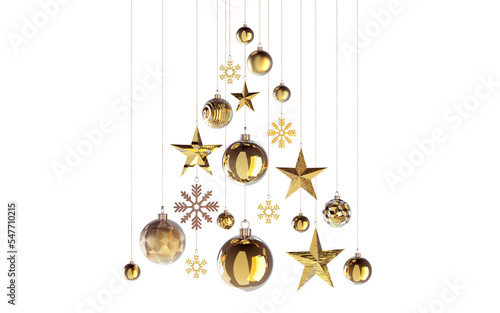 abstract gold christmastree in shades of golden structures stars snowflakes baubles hanging from above  isolated 3D Rendering