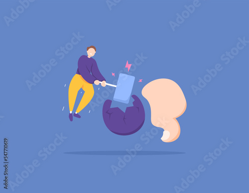 stop negative stigma, destroy bad behavior, overcome bad or bad judgment. problem solving. a foot man crushes the thumb down with a hammer. dislike symbol. illustration concept design