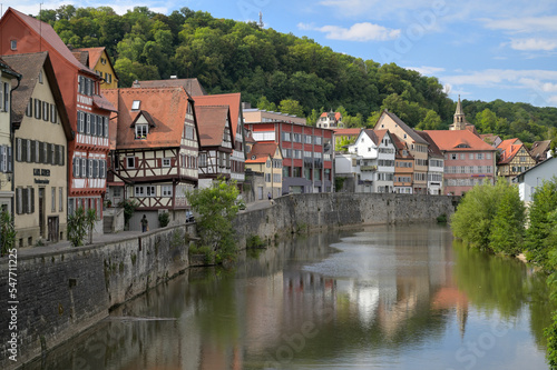 View of the old town along the Kocher in Schwäbisch Hall, Baden-Württemberg, Germany