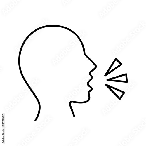 Speaking icon. Talk person sign or symbol , man with open mouth and sound wave , Voice command, speech icon for interact, vector illustration on white background.