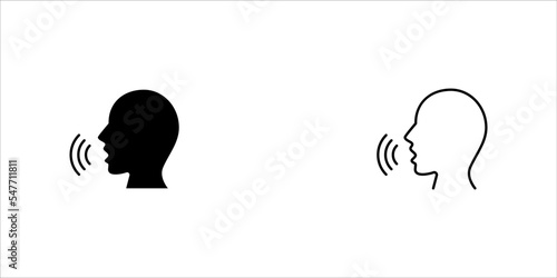 Speaking icon. Talk person sign or symbol , man with open mouth and sound wave , Voice command, speech icon for interact, vector illustration on white background.