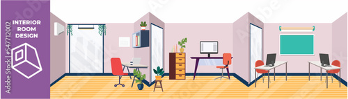 Set of office room with furniture. Chair, desk, computer, white board and window. Interior room concept. Colored flat graphic vector illustration isolated.