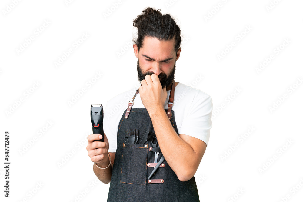 Young barber man over isolated chroma key background having doubts Young barber man over isolated chroma key background having doubts