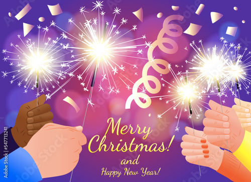 A company different races  people celebrates the New Year. Christmas card with sparklers in hands and confetti. Vector illustration with holiday fireworks. Merry Christmas and Happy New Year!