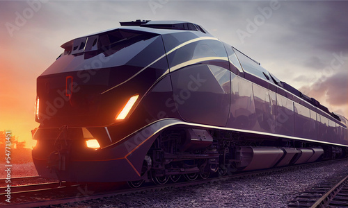 Power efficient locomotive at front view in the railway at sunset light. Postproducted generative AI illustration. photo