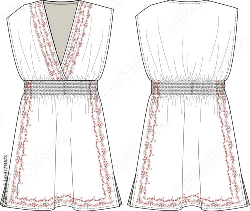 GIRLS AND WOMEN WEAR DRESS WITH EMBROIDERYAND FLAT SKETCH VECTOR