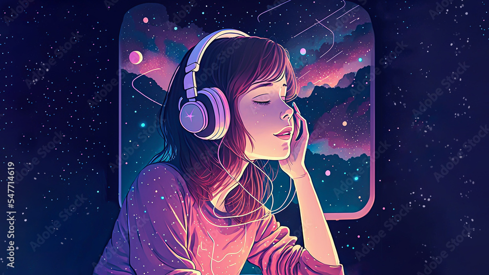 Beautiful anime girl floating in space with stars, listening to lofi hip  hop music with headphones. Stock Illustration | Adobe Stock