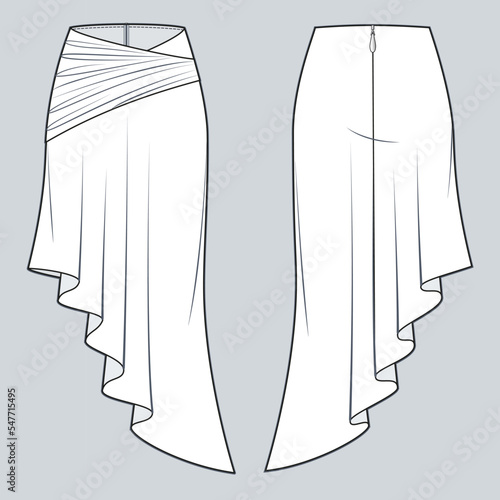 Asymmetric Draped Skirt technical fashion illustration. Women's Skirt fashion flat drawing template, A-line, draped detail, zip-up, front and back view, white, CAD mockup.