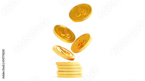 3D render of Islamic Rial coins standing near of stacked golden coins. gold riyal isolated on white background photo