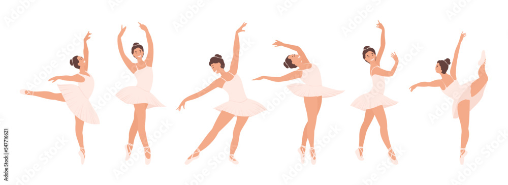 Set, collection of Ballerinas in Different, various Poses Dancing Ballet isolated on white. Cartoon Girl, Woman Classic Choreography dancer, pink tutu and Pointe shoes.