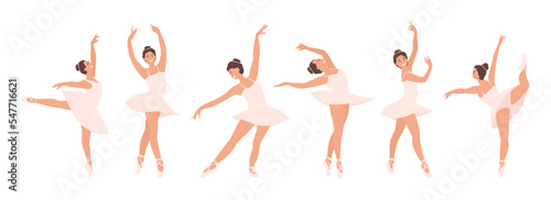 Set, collection of Ballerinas in Different, various Poses Dancing Ballet isolated on white. Cartoon Girl, Woman Classic Choreography dancer, pink tutu and Pointe shoes.