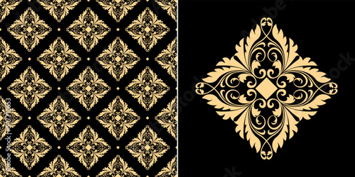 Wallpaper in the style of Baroque. Seamless vector background. Gold and black floral ornament. Graphic pattern for fabric, wallpaper, packaging. Ornate Damask flower ornament