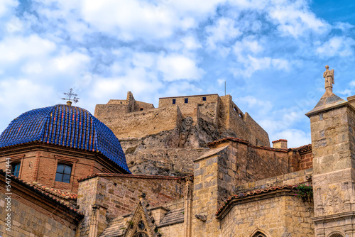 Blue dome church and castle Morella Spain historic town Castellon Province, Valencian Community photo