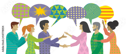 Diversity group communicate in their way. Speech bubbles looking different. Vector illustration.
