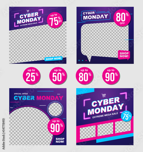 Cyber Monday Banner Set, Sale social media post template for business promotion vector illustration