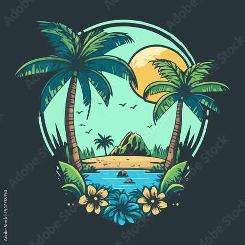 Tropical Island Beach Logo Vintage Surf Badge Illustration