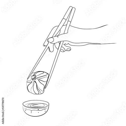 Hand with chopsticks holding Dim sum dumpling and cup with soup or sauce Black and white linear drawing sketch.Asian food Vector graphic.Chinese cuisine.Design element for menu cafe,poster,banner