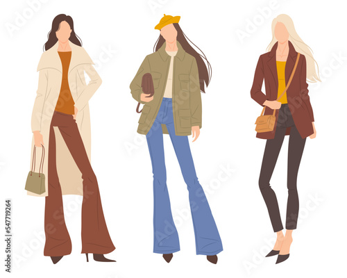 Vector illustration of fashion models posing, isolated on white background.
Female clothes collection. Fashion women in stylish coats and jackets.