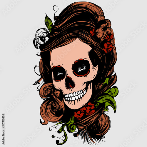 colorful feminine sugar skull tattoo hand drawn vector colored clip art