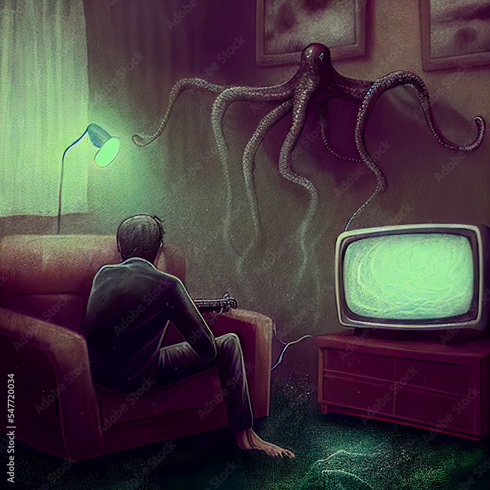 Horror alien octopus with huge tentacles appears in a living room where