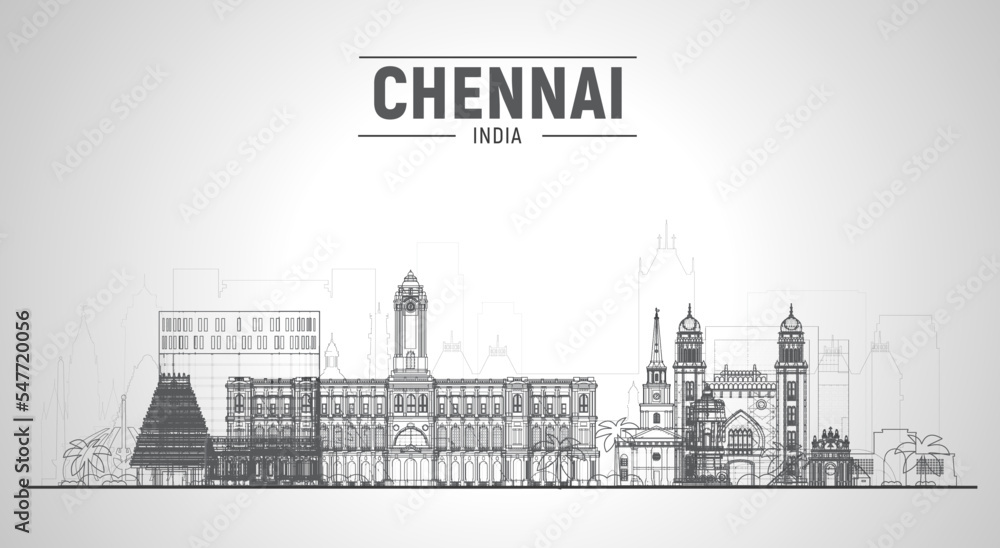 Chennai ( India ) line skyline with panorama in white background. Vector Illustration. Business travel and tourism concept with modern buildings. Image for presentation, banner, placard, and website.
