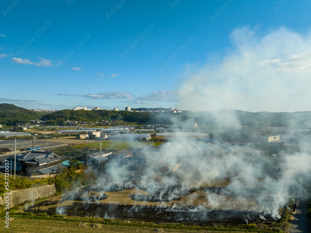 Fototapeta premium Smoke from controlled burn rises off small farm in rural area