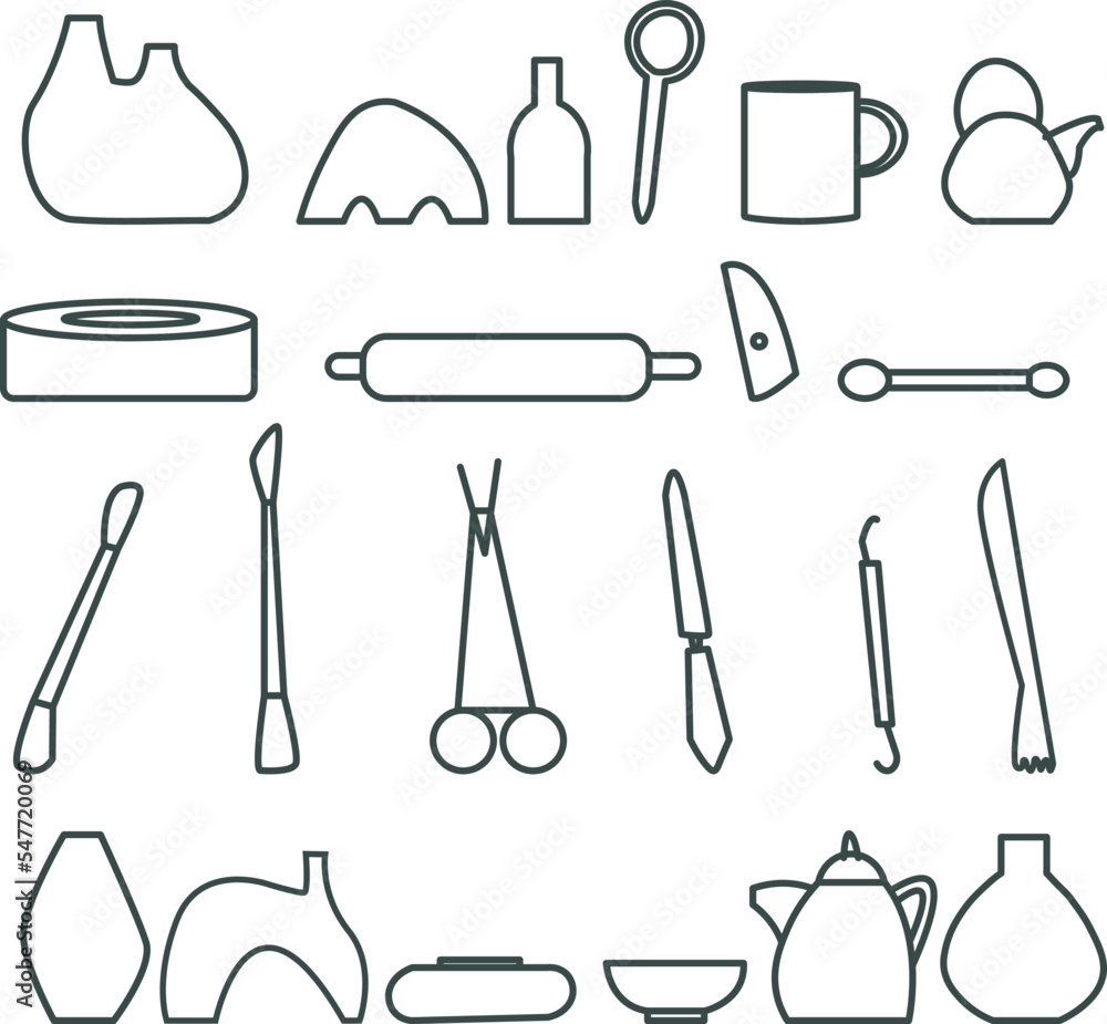a set of icons for ceramics, tools, rolling pin, kettle, dishes, vases and a potter's wheel a set of icons for ceramics, tools, rolling pin, kettle, dishes, vases and a potter's wheel