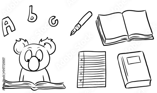 Cartoon Illustration: Kleiner Koala als Schulkind liest ein Buch für Wissen und Bildung