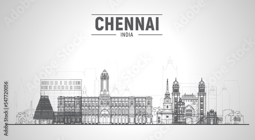 Chennai ( India ) line skyline with panorama in white background. Vector Illustration. Business travel and tourism concept with modern buildings. Image for presentation, banner, placard, and website. photo