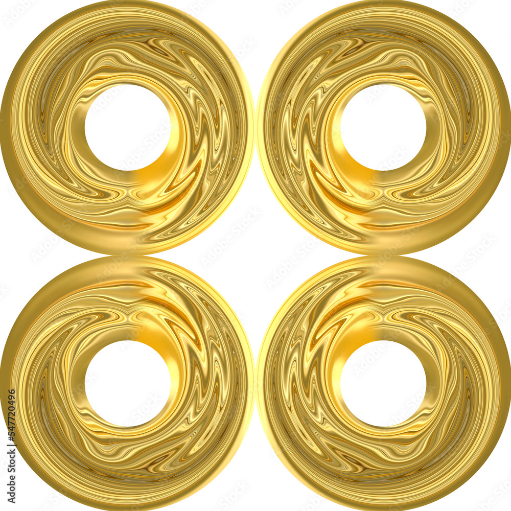 Gold rings. Symmetrical seamless round patterns on a white background. An abstraction made of liquid gold. An isolated element. 3D image.
Gold rings. Symmetrical seamless round patterns on a white background. An abstraction made of liquid gold. An isolated element. 3D image.