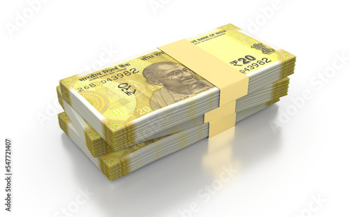 Indian Rupee 20 Currency Note Bundles isolated on White Background - 3D Illustration