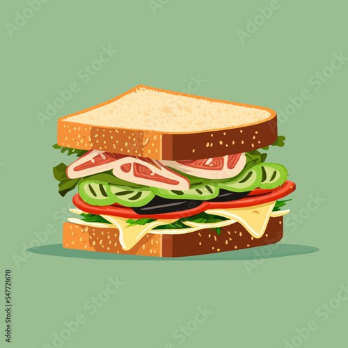Vector illustration of a delicious sandwich isolated on green background
