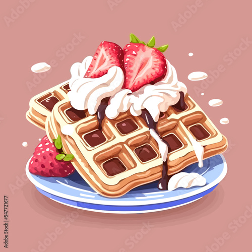 Vector illustration of delicious waffles with whipped cream and strawberries