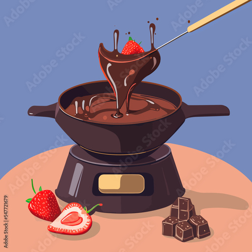Vector illustration of delicious chocolate fondue with strawberries