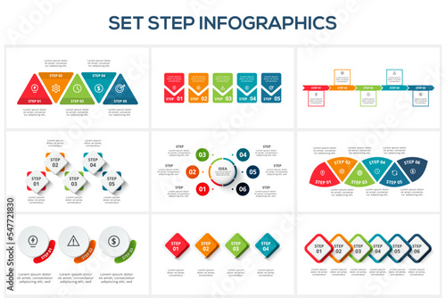 Set step with 3, 4, 5, 6 elements, infographic template for web, business, presentations, vector illustration.