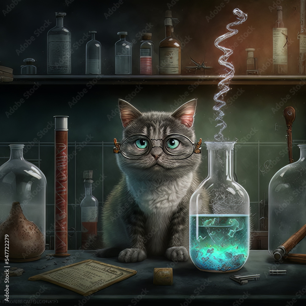Mad scientist cat in his lab with glasses cartoon, doing experiments
