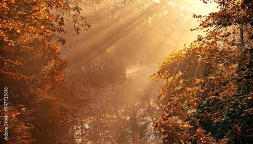 Mgła i promienie słońca, jesienny krajobraz