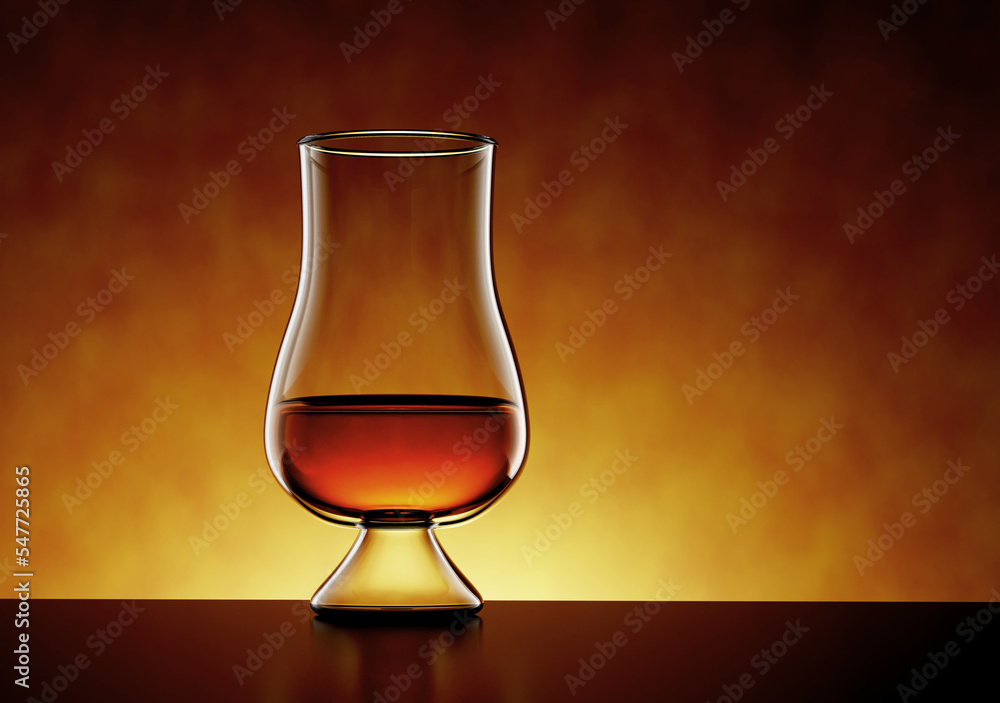 Scotch Whisky, bourbon or rum in a Glass on amber background - 3D Illustration