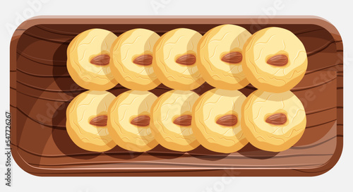 Vector illustration of Chinese food pastry almond cookies on the wooden tray isolated on white.