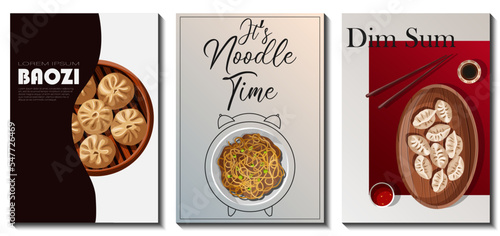 Set of templated posters design. Vector illustration of Chinese food and lettering isolated on white. Banner, cover, brochure, menu, promotion concept.