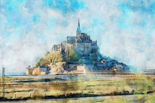 Watercolor drawing of Mont Saint Michele, France.