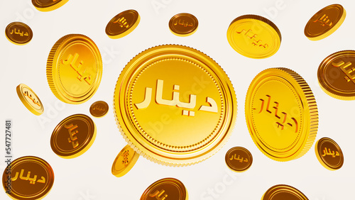 3d render of gold dinar Coins money falling down on white background, photo