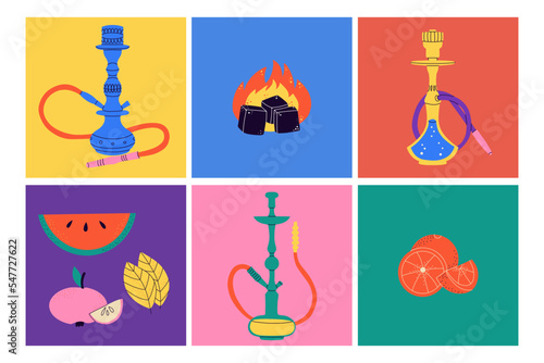 Hookah cards set. Modern drawing lounge bar or smoke shop posters, arabic tobacco smoking equipment. Calabash with glass flask and tubes, charcoal in fire and fruits, vector cartoon illustration