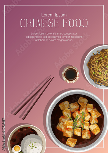 Template banner design. Vector illustration of Chinese food Mapo Tofu, noodles, chopsticks, soy sauce, copy-space isolated on pink. Poster, flyer, promotion, menu, cover concept.