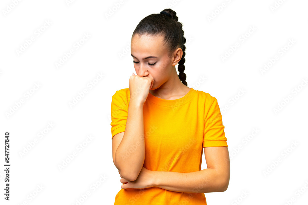 Young Arab woman over isolated background having doubts Young Arab woman over isolated background having doubts