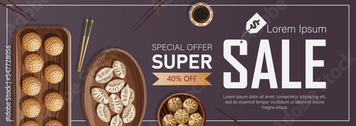 Template sale banner design. Vector illustration of Chinese food and copy-space isolated on purple. Flyer, poster, coupon, brochure, menu, card concept.