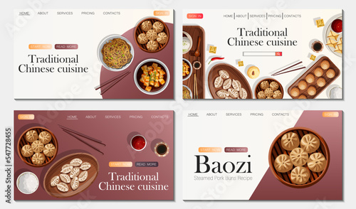 Set of vector templates website design. Illustration of Chinese traditional food and copy-space isolated on white and purple. Promotion, cover, banner, poster concept.