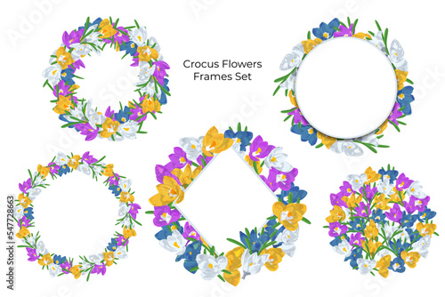 Romantic hand drawn crocus flowers wreaths set. Floral frames. Stock vector illustration.