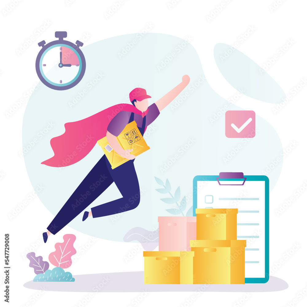 Delivery man looking like super hero flies through the sky. Male worker with parcels. Courier deliver packages to client on schedule, punctuality, just in time. Logistic, shipment. Delivery man looking like super hero flies through the sky. Male worker with parcels. Courier deliver packages to client on schedule, punctuality, just in time. Logistic, shipment.